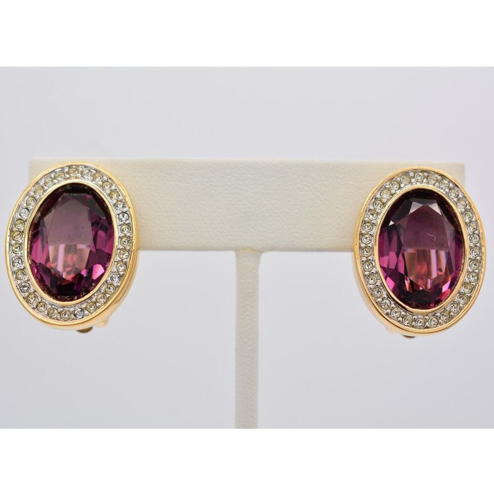 Swarovski Vintage Crystal Clip On Earrings Purple Bezel Chunky SAL Signed BinAV